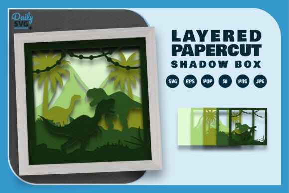 3D Dinosaurs Jungle Layered Papercut for Shadow Boxes and SVG Design